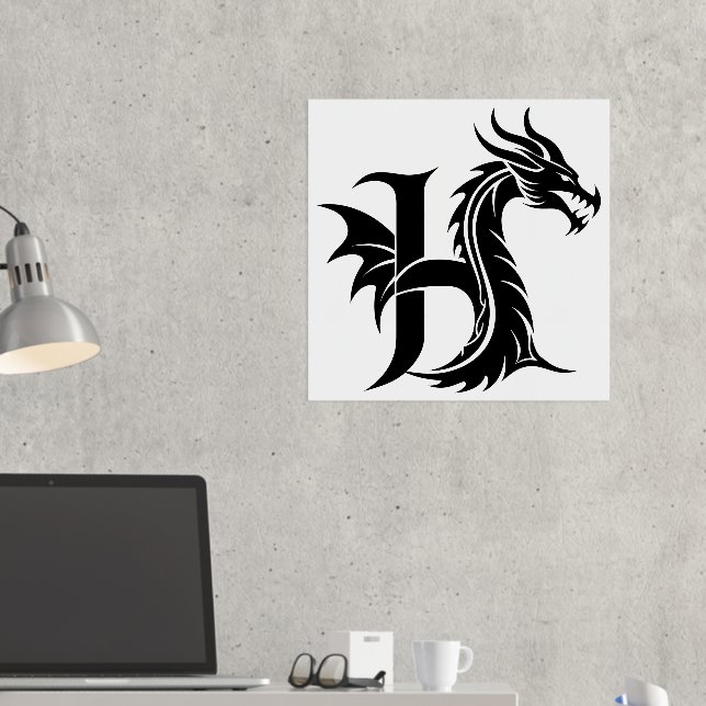 Dragon Styled Letter H, Dragon Alphabet, Monogram Foil Prints (In Situ (Desk 2))