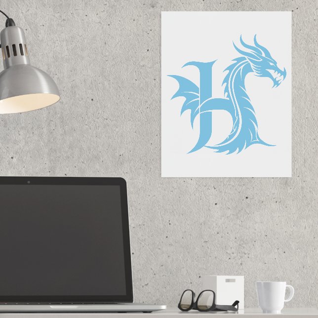 Dragon Styled Letter H, Dragon Alphabet, Monogram Foil Prints (In Situ (Desk))
