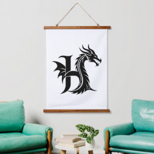 Dragon Styled Letter H, Dragon Alphabet, Monogram Hanging Tapestry