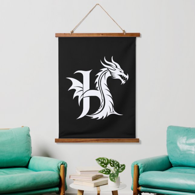 Dragon Styled Letter H, Dragon Alphabet, Monogram Hanging Tapestry (Living Room)