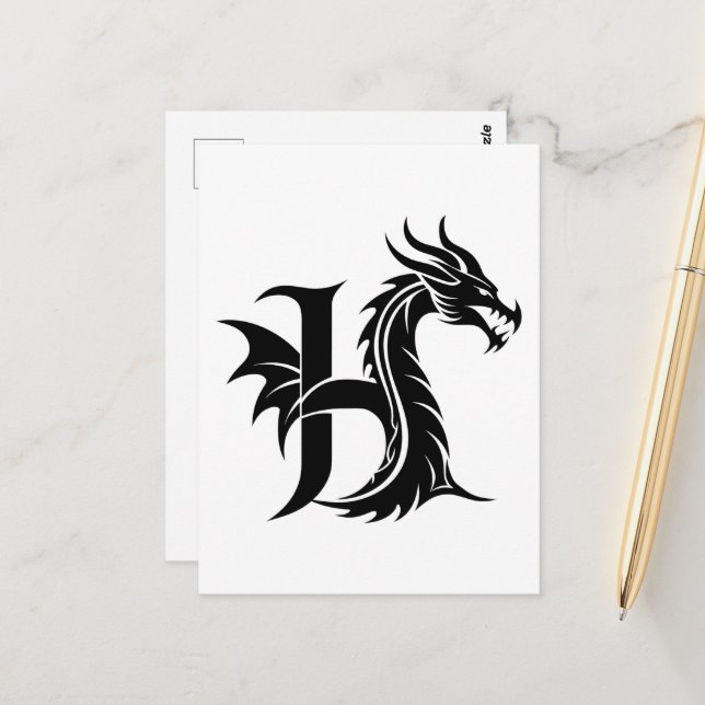 Dragon Styled Letter H, Dragon Alphabet, Monogram Postcard (Front/Back In Situ)