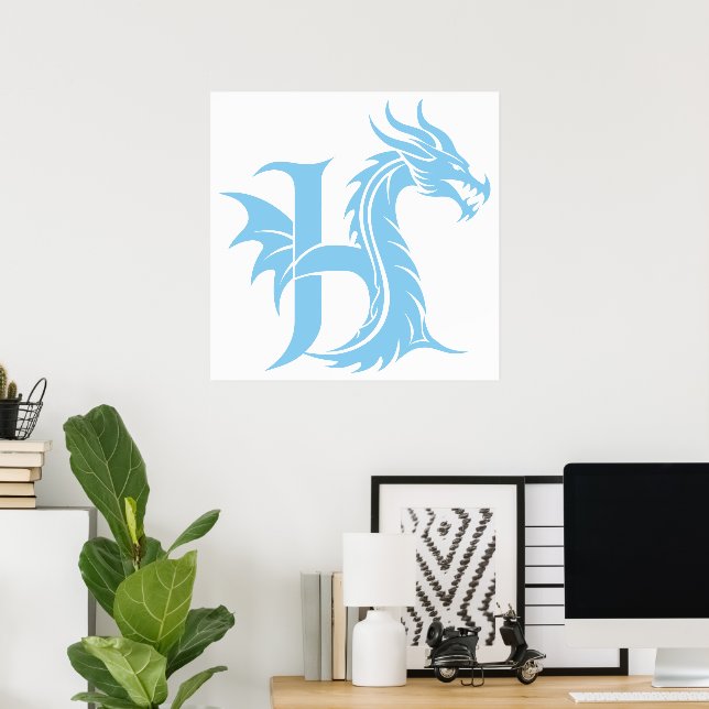 Dragon Styled Letter H, Dragon Alphabet, Monogram Poster (Home Office)