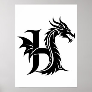 Dragon Styled Letter H, Dragon Alphabet, Monogram Poster