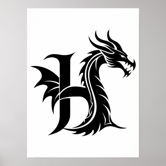 Dragon Styled Letter H, Dragon Alphabet, Monogram Poster (Front)