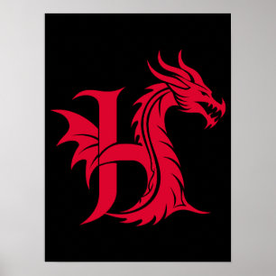 Dragon Styled Letter H, Dragon Alphabet, Monogram Poster