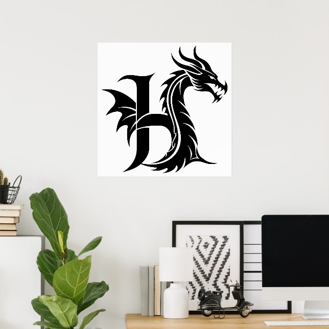 Dragon Styled Letter H, Dragon Alphabet, Monogram Poster (Home Office)