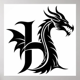 Dragon Styled Letter H, Dragon Alphabet, Monogram Poster