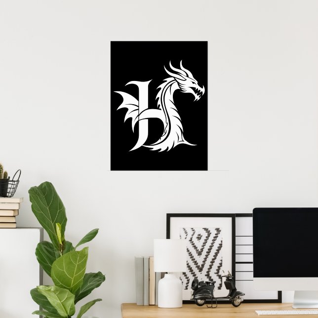 Dragon Styled Letter H, Dragon Alphabet, Monogram Poster (Home Office)