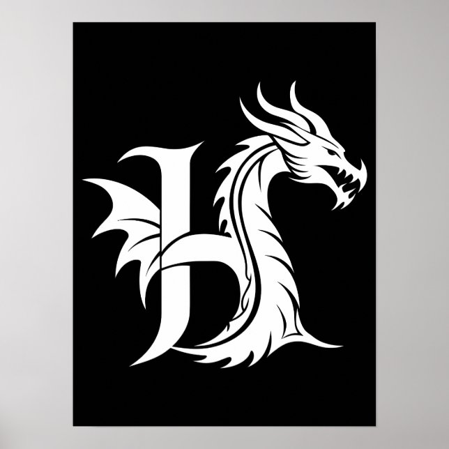 Dragon Styled Letter H, Dragon Alphabet, Monogram Poster (Front)