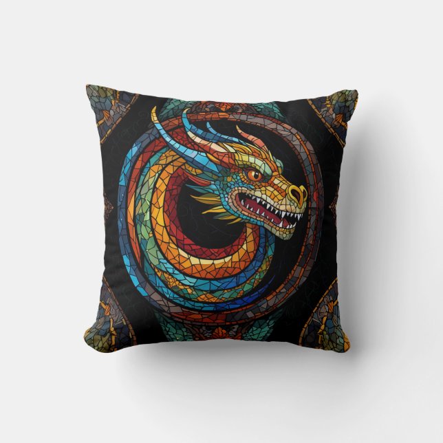 Dragon Swirl in multi coloured mosaic design Cushion (Front)