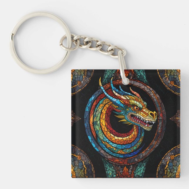 Dragon Swirl in multi coloured mosaic design Key Ring (Front)