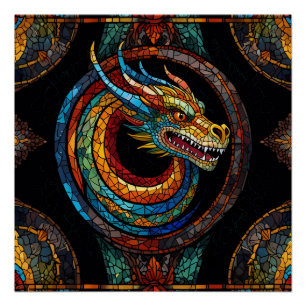 Dragon Swirl in multi coloured mosaic design Poster