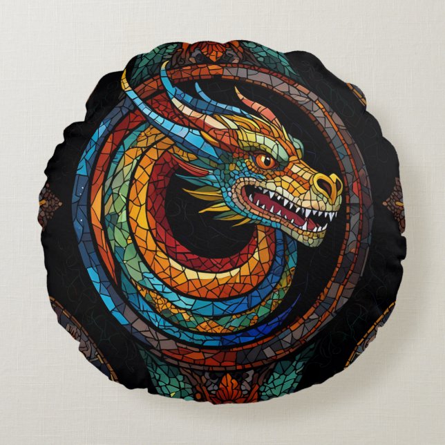 Dragon Swirl in multi coloured mosaic design Round Cushion (Front)