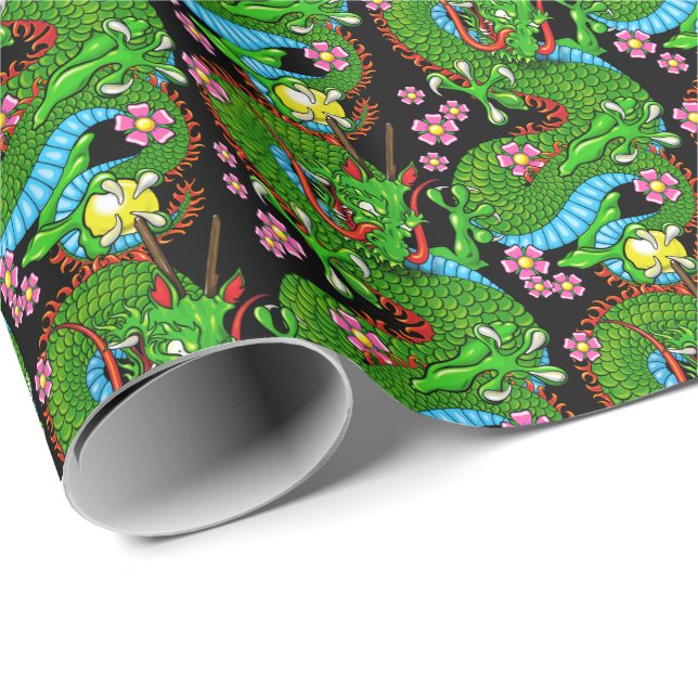 Dragon Tattoo Art in Green Red with Cherry Blossom Wrapping Paper (Roll Corner)