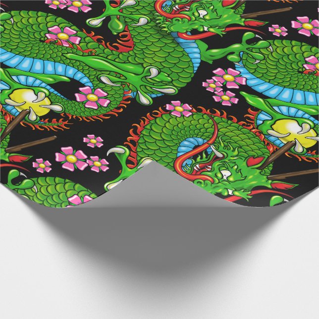 Dragon Tattoo Art in Green Red with Cherry Blossom Wrapping Paper (Corner)