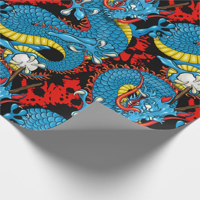 Dragon Tattoo Art in Red and Blue Wrapping Paper (Corner)