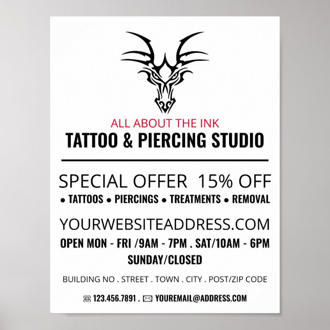 Dragon Tattoo, Tattoo & Body Piercing Studio Poster (Front)