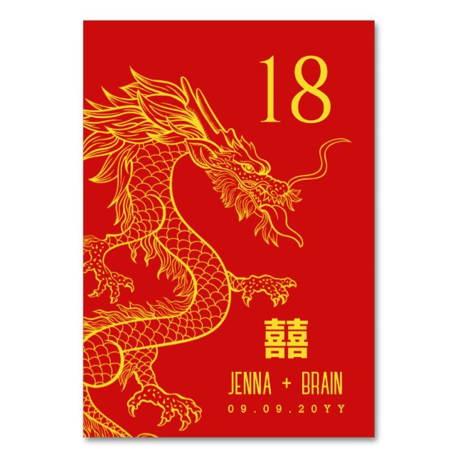 Dragon Theme Double Happiness | Gold on Red Table Number (Front)