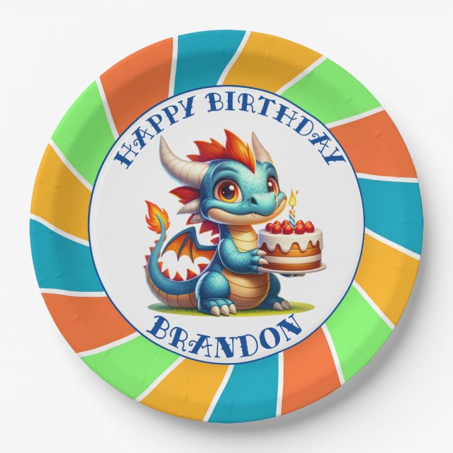 Dragon Themed Boy's Birthday Party Paper Plate (Front)