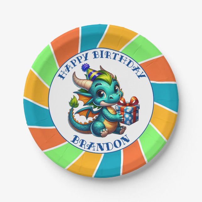 Dragon Themed Boy's Birthday Party Paper Plate (Front)