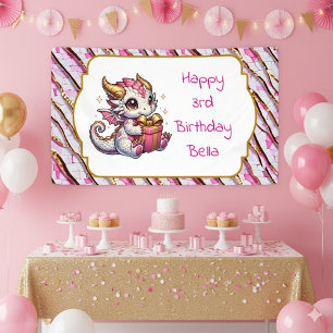 Dragon Themed Pink and Gold Personalised Birthday Banner