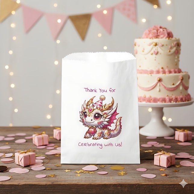 Dragon Themed Pink and Gold Personalised Birthday Favour Bags (Creator Uploaded)
