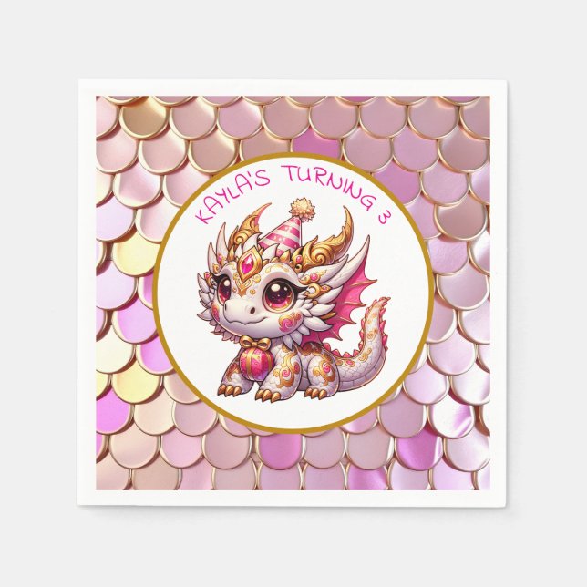 Dragon Themed Pink and Gold Personalised Birthday Napkin (Front)