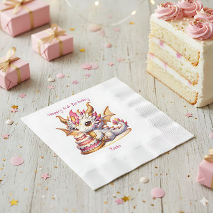 Dragon Themed Pink and Gold Personalized Birthday Napkin