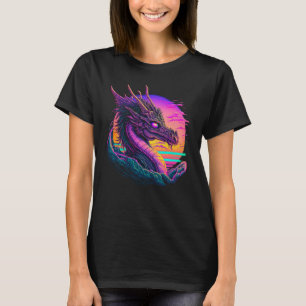 Dragon Vaporwave Abstract Landscape Moon Tree Wate T-Shirt