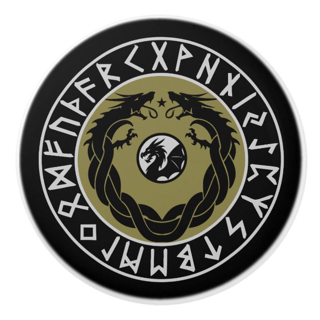 Dragon Viking Rune Protection Ceramic Knob (Front)