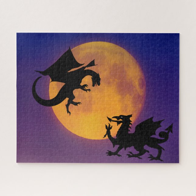 Dragon Vs Dragon Silhouette and Moon  Jigsaw Puzzle (Horizontal)