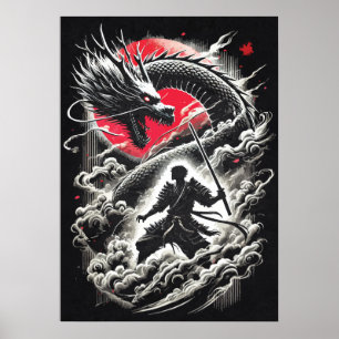 Dragon vs Samurai Warrior - Japanese Tattoo Poster