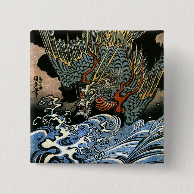 Dragon & Water Spirit Kuniyoshi Japanese Fine Art 15 Cm Square Badge (Front)