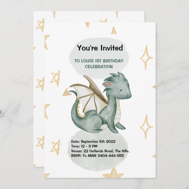 dragon watercolor birthday invitation (Front/Back)