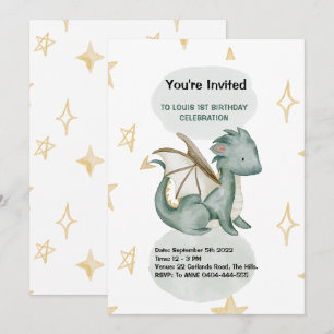 dragon watercolor birthday invitation