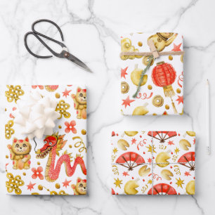 Dragon & Waving Cat   Chinese New Years Wrapping Paper Sheet