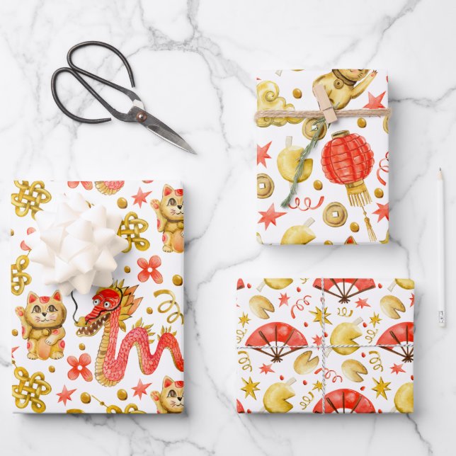 Dragon & Waving Cat | Chinese New Years Wrapping Paper Sheet (Front)