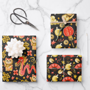 Dragon & Waving Cat   Chinese New Years Wrapping Paper Sheet