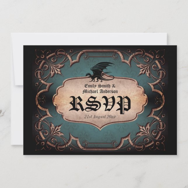 Dragon Wedding Mediaeval Gothic Vintage Throne RSV Invitation (Front)