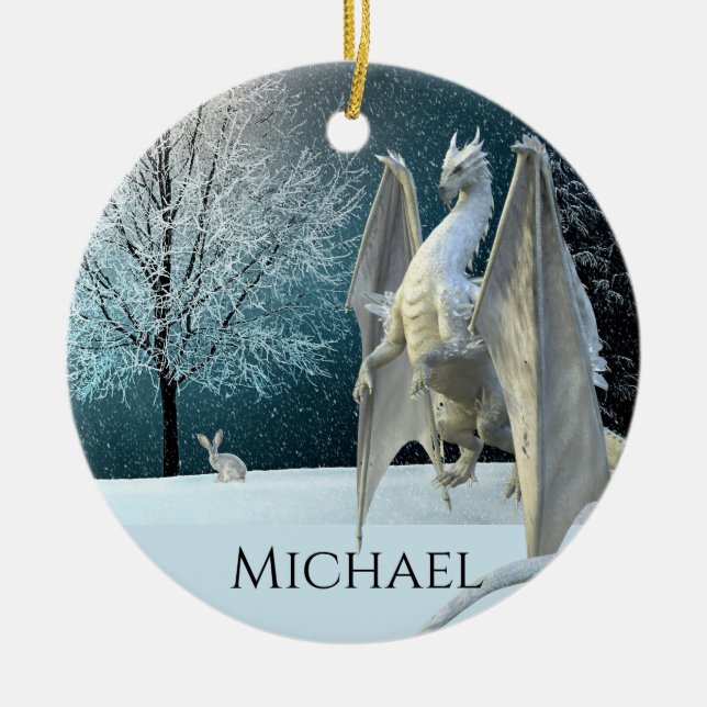 Dragon Winter Ice Crystals Snow Christmas Ceramic Tree Decoration (Front)