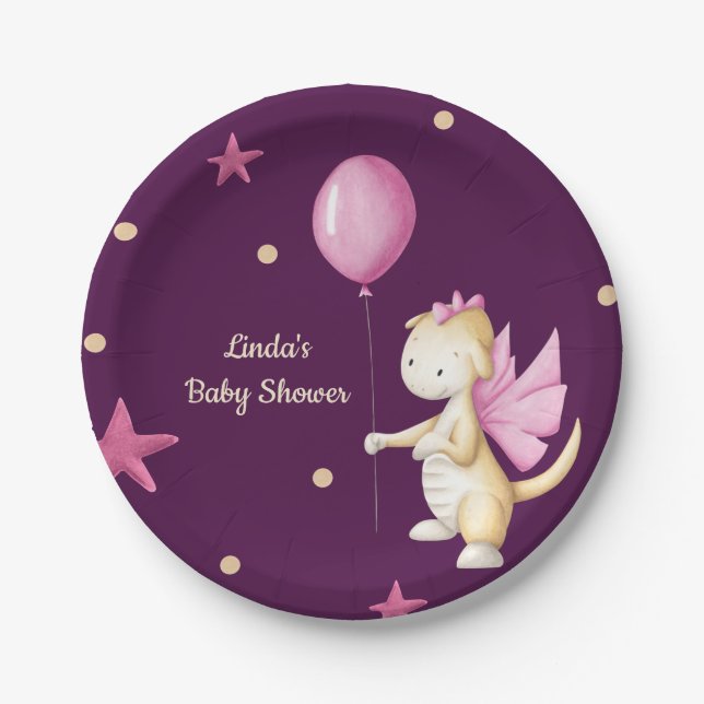 Dragon with Balloon Dark Pink Girl Baby Shower Paper Plate (Front)