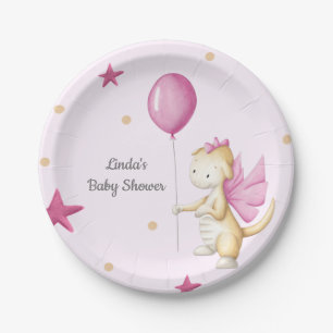Dragon with Balloon Light Pink Girl Baby Shower Paper Plate