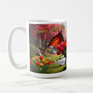 Dragon with red tulips. 15-ounce mug