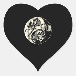 Dragon With Tiger Tattoo YIN And Yang Beast Fight Heart Sticker