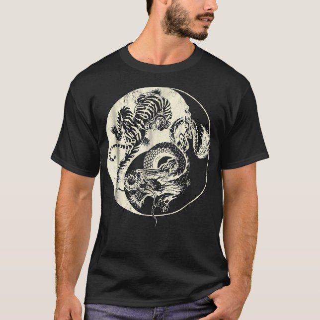 Dragon With Tiger Tattoo YIN And Yang Beast Fight T-Shirt (Front)
