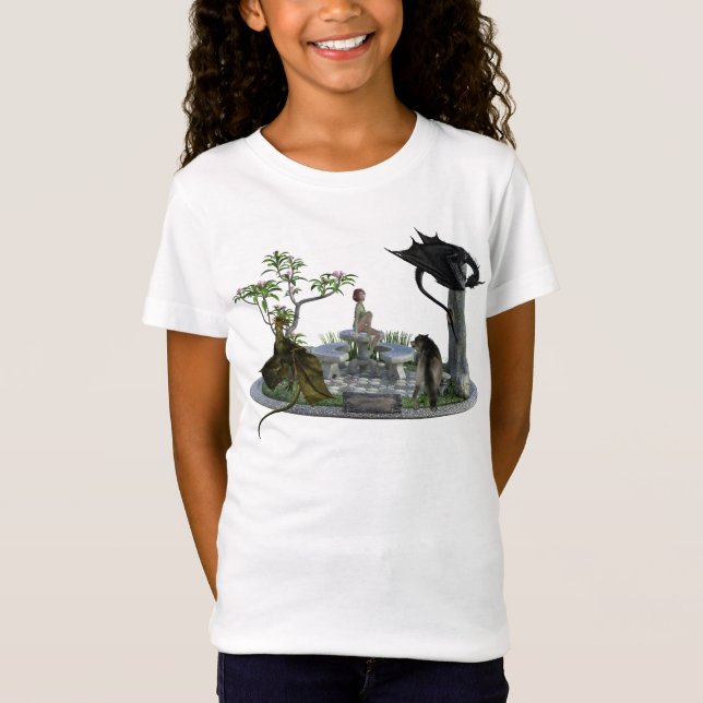 Dragon Wolf and Elf Fantasy Scene T-Shirt (Front)