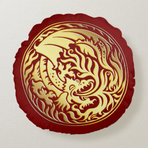 Dragoncircle - Gold on Red Round Cushion