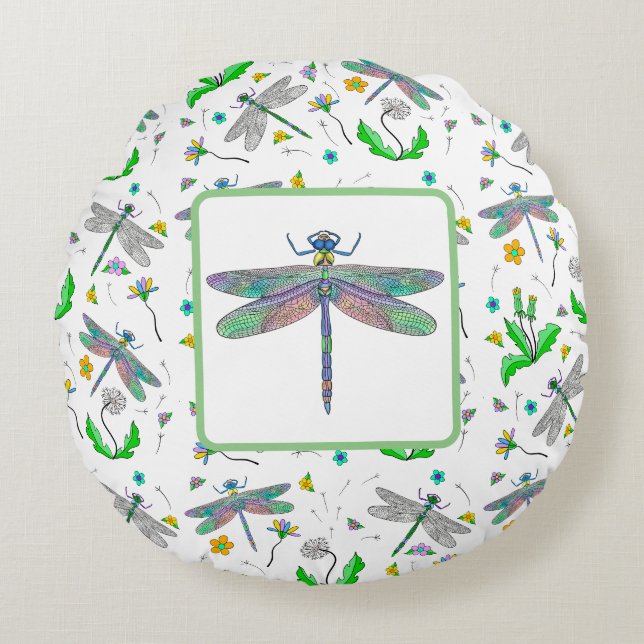 Dragonflies and Dandelions Round Cushion (Front)