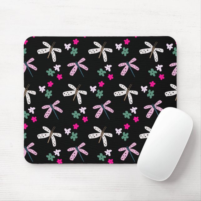 Dragonflies and Flowers On Black Mouse Mat (With Mouse)