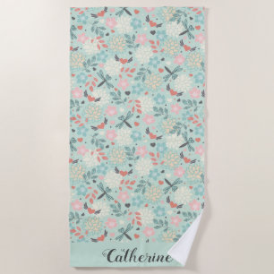Dragonflies and Hearts Floral Beach Towel